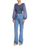 Stretch Denim High-Rise Flare Jeans, Washed Indigo