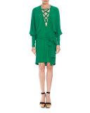 Lace-Up Belted Batwing Dress, Emerald Green