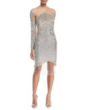 Crystal and Sequins Long-Sleeve Cocktail Dress, Silver