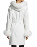 Felt Fur-Trim Wrap Coat, White