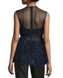 Sleeveless Metallic Chevron-Fringe Top, Navy