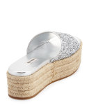 Glitter Platform Espadrille Slide Sandal, Argento