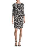 Printed Ruched Jersey Dress, Black/Multi