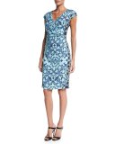 Cap-Sleeve Acanthus-Print Sheath Dress, Multi Colors