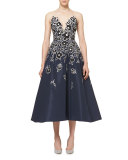 Floral-Embroidered Strapless A-Line Cocktail Dress, Indigo