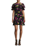 Jungle-Print Ruffled Dress, Black