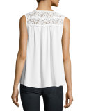 Pearl Sleeveless Lace-Trim Crepe Top, White