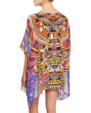 Printed Embellished Short Caftan Coverup, Rainbow Warrior