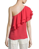 Silk One-Shoulder Flutter Blouse, Battle Red