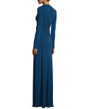 Ruched Matte Jersey V-Neck Gown, Sapphire
