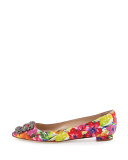 Hangisi Floral-Print Buckle Flat, Pink