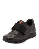 Strap-Front Leather Running Sneaker, Black