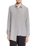 Long-Sleeve Asymmetric-Hem Silk Blouse, Medium Gray