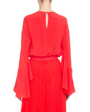 Bell-Sleeve Jewel-Neck Silk Blouse, Red