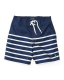 Striped Tie-Front Board Shorts, Blue, Size 5-7