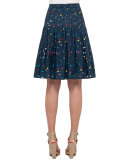 Stitch-Pleated Boulder-Print Skirt, Navy