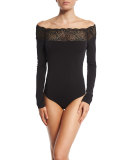 Lace-Trim String Bodysuit, Black