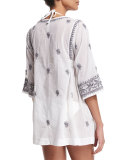 Andronis Half-Sleeve Embroidered Tunic Coverup, White/Frost