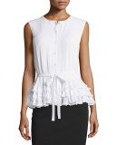 Sleeveless Button-Front Belted Blouse, Ivory