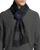 Men's Half Mega Check Cashmere Scarf, Charcoal/Dark Indigo