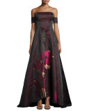 Strapless Floral Taffeta Ball Gown, Wine