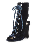 Velvet Lace-Up Wedge Bootie, Navy