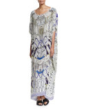 Printed Embellished Round-Neck Maxi Caftan Coverup, Singing Wells