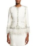 Beaded Boucle Jacket with Feather Hem, Ivory