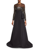 Embellished Long-Sleeve Gown, Black