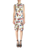 Maura Floral-Print Sheath Dress, White Multi