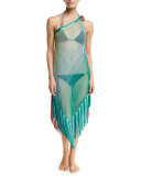 One-Shoulder Two-Tone Coverup Dress with Fringe Trim, Multicolor