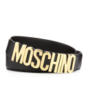 Large Logo Adjustable Leather Belt, Black/Gold