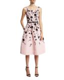 Sleeveless Floral Fit-&-Flare Midi Dress, Peony/Black