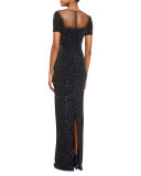 Illusion Sequined Short-Sleeve Gown, Black