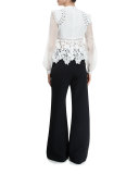 Floral-Lace Long-Sleeve Top, Cream