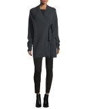 Ribbed Tie-Front Cardigan, Charcoal
