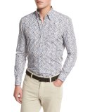 Floral-Print Sport Shirt, Medium Beige/Blue