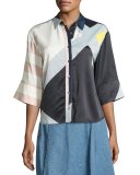 Toriya Short-Sleeve Printed Satin Blouse, Multicolor