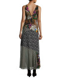 Patchwork Floral Silk Maxi Dress, Black