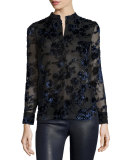 Belle Flocked-Floral Long-Sleeve Shirt, Multicolor