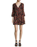 Alita Floral Bell-Sleeve Mini Dress, Black