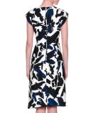 Cap-Sleeve Brushstroke-Print Dress, Multi Colors