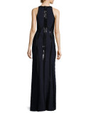 Sequined Sleeveless Deep V Gown, Pacific Blue