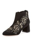 Winona Floral-Appliqué Ankle Boot, Black/Gold