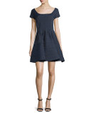 Cap-Sleeve Scoop-Neck Jacquard Cocktail Dress, Blue/Multi