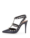 Pebbled Leather Rockstud Sandal, Deep Denim