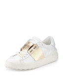 Metallic-Band Leather Sneaker, Bianco/Platinum