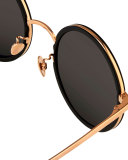 Trimmed Round Monochromatic Sunglasses, Black/Rose Gold