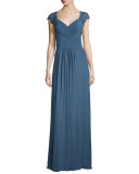 Cap-Sleeve Ruched Chiffon Gown