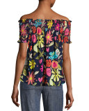 Relax Off-the-Shoulder Floral Silk Top, Blue